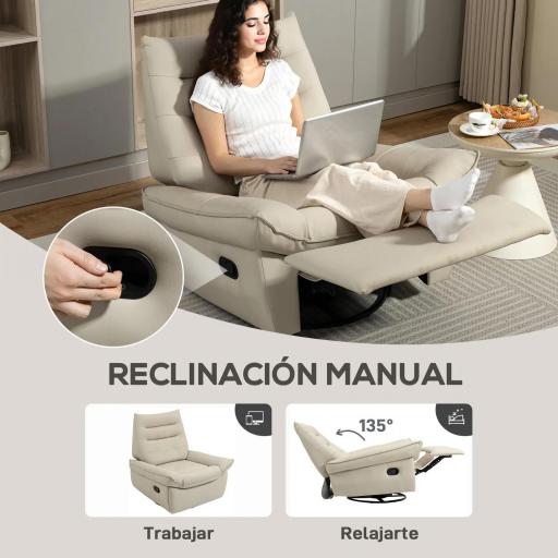 Sillón Relax Reclinable Giratorio Función Balancín Tapizado en PU Reposapiés Asiento Amplio Acolchado Grueso Crema [3]