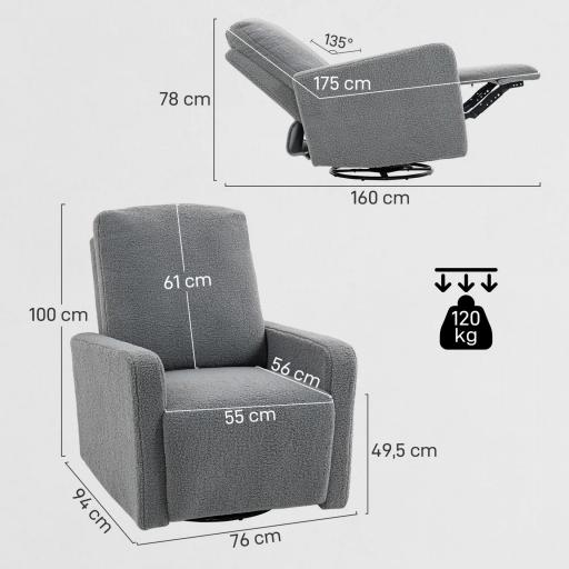 Sillón Relax Reclinable Manual hasta 135º con Reposabrazos Reposapiés Acolchado Grueso y Función de Balanceo 360° Gris [1]
