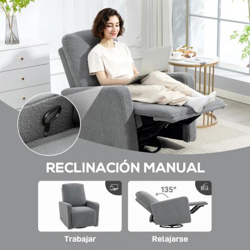 Sillón Relax Reclinable Manual hasta 135º con Reposabrazos Reposapiés Acolchado Grueso y Función de Balanceo 360° Gris [2]