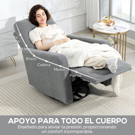 Sillón Relax Reclinable Manual hasta 135º con Reposabrazos Reposapiés Acolchado Grueso y Función de Balanceo 360° Gris [3]