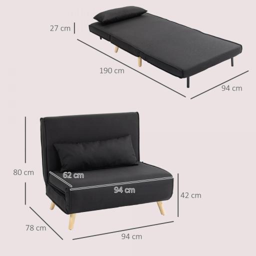 Sillón Cama Plegable con Respaldo Ajustable en 6 Posiciones Almohada Acolchada Carga 350 kg 94x78x80 cm Negro [1]