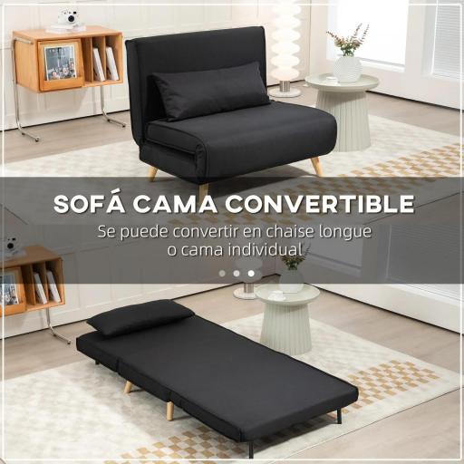 Sillón Cama Plegable con Respaldo Ajustable en 6 Posiciones Almohada Acolchada Carga 350 kg 94x78x80 cm Negro [4]