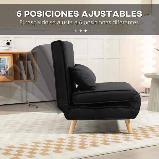 Sillón Cama Plegable con Respaldo Ajustable en 6 Posiciones Almohada Acolchada Carga 350 kg 94x78x80 cm Negro [2]