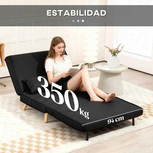Sillón Cama Plegable con Respaldo Ajustable en 6 Posiciones Almohada Acolchada Carga 350 kg 94x78x80 cm Negro [3]