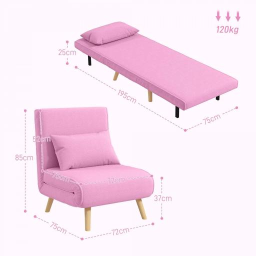 Sofá Cama Individual Tapizado en Lino con Respaldo Ajustable en 5 Posiciones y Almohada 72x75x85 cm Rosa [1]