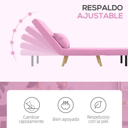 Sofá Cama Individual Tapizado en Lino con Respaldo Ajustable en 5 Posiciones y Almohada 72x75x85 cm Rosa [4]