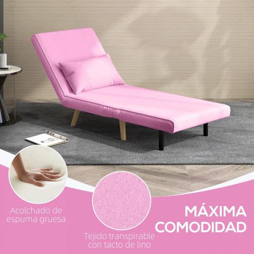 Sofá Cama Individual Tapizado en Lino con Respaldo Ajustable en 5 Posiciones y Almohada 72x75x85 cm Rosa [3]
