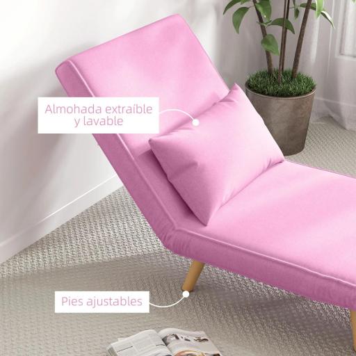 Sofá Cama Individual Tapizado en Lino con Respaldo Ajustable en 5 Posiciones y Almohada 72x75x85 cm Rosa [2]