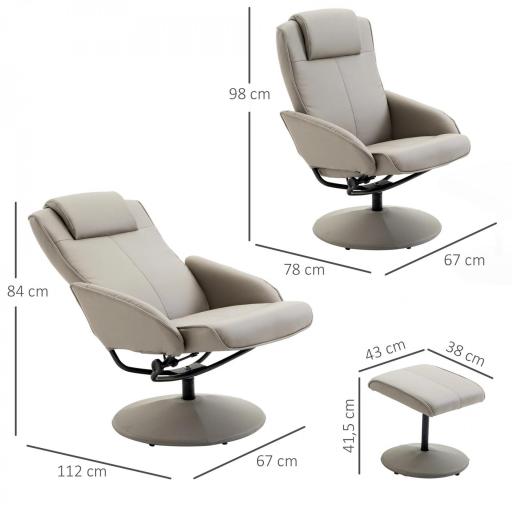 Sillón Relax Reclinable hasta 145° con Taburete Reposapiés Sillón de Salón Giratorio 360° Tapizado en PU y Estructura de Acero 78x67x98 cm Gris [1]