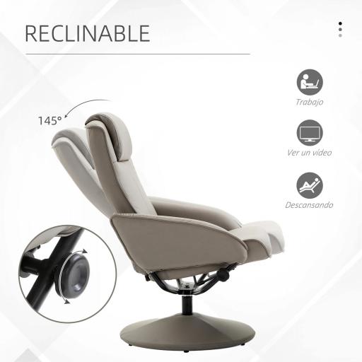 Sillón Relax Reclinable hasta 145° con Taburete Reposapiés Sillón de Salón Giratorio 360° Tapizado en PU y Estructura de Acero 78x67x98 cm Gris [2]