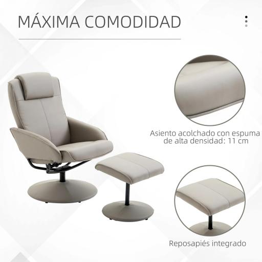 Sillón Relax Reclinable hasta 145° con Taburete Reposapiés Sillón de Salón Giratorio 360° Tapizado en PU y Estructura de Acero 78x67x98 cm Gris [3]