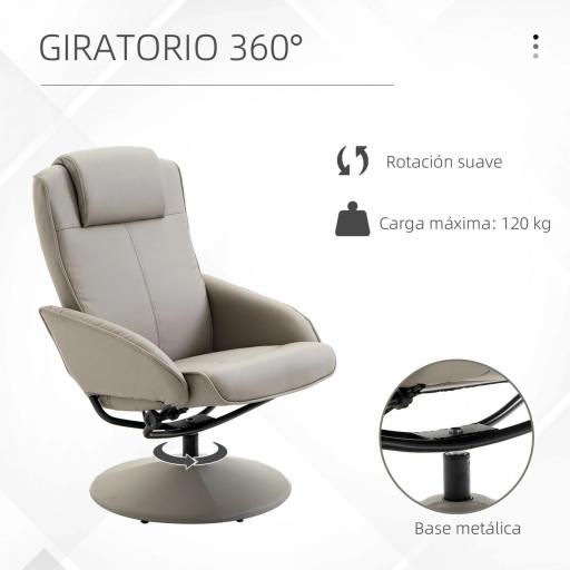 Sillón Relax Reclinable hasta 145° con Taburete Reposapiés Sillón de Salón Giratorio 360° Tapizado en PU y Estructura de Acero 78x67x98 cm Gris [4]