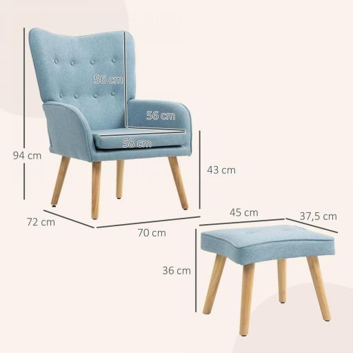 Sillón con Reposapiés Sillón Lectura con Respaldo Alto Capitoné Patas de Madera y Tapizado en Lino Azul Claro [1]