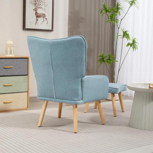 Sillón con Reposapiés Sillón Lectura con Respaldo Alto Capitoné Patas de Madera y Tapizado en Lino Azul Claro [6]