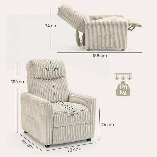 Sillón Relax Reclinable Manual Tapizado en Pana Instalación Rápida Reposapiés Acolchado Grueso Crema [1]