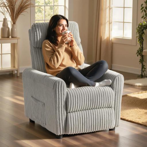 Sillón Relax Reclinable Manual Tapizado en Pana Instalación Rápida Reposapiés Acolchado Grueso Gris Claro