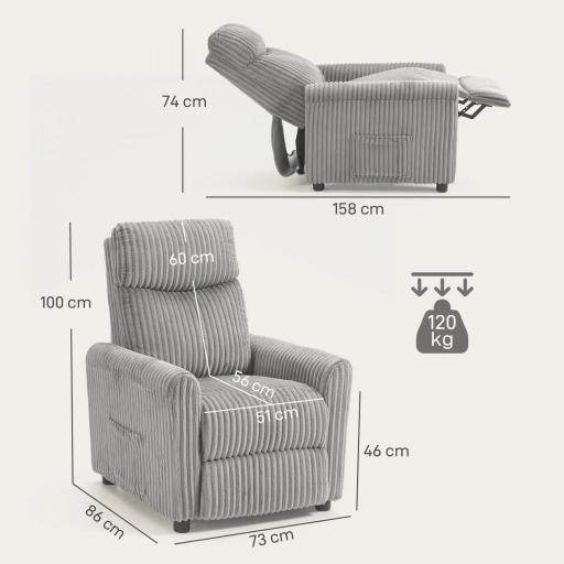 Sillón Relax Reclinable Manual Tapizado en Pana Instalación Rápida Reposapiés Acolchado Grueso Gris Claro [1]