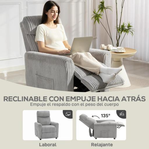 Sillón Relax Reclinable Manual Tapizado en Pana Instalación Rápida Reposapiés Acolchado Grueso Gris Claro [2]