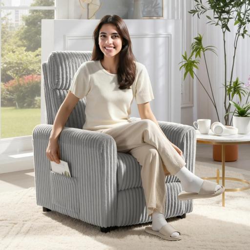 Sillón Relax Reclinable Manual Tapizado en Pana Instalación Rápida Reposapiés Acolchado Grueso Gris Claro [5]
