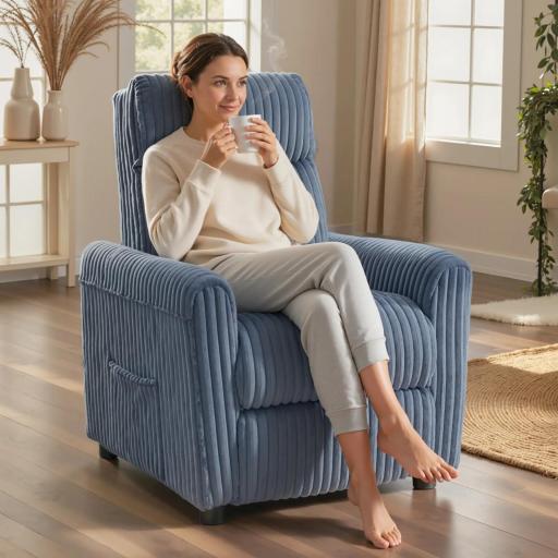 Sillón Relax Reclinable Manual Tapizado en Pana Instalación Rápida Reposapiés Acolchado Grueso Azul Oscuro