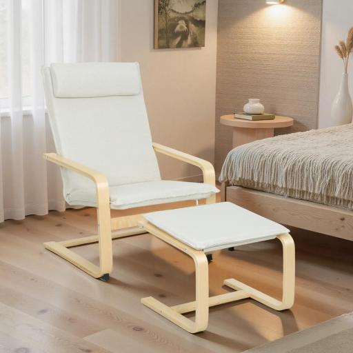 Sillón con Reposapiés Sillón Lectura con Respaldo Alto Reposacabezas Extraíble Patas de Madera y Tapizado en Lino Crema [4]