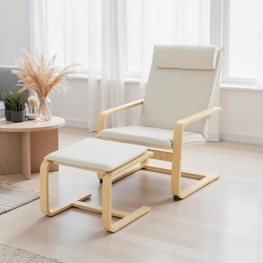 Sillón con Reposapiés Sillón Lectura con Respaldo Alto Reposacabezas Extraíble Patas de Madera y Tapizado en Lino Crema [5]