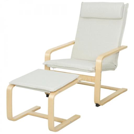 Sillón con Reposapiés Sillón Lectura con Respaldo Alto Reposacabezas Extraíble Patas de Madera y Tapizado en Lino Crema [7]