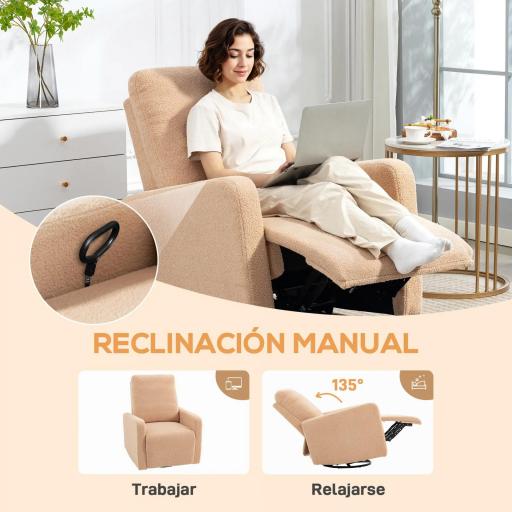Sillón Relax Reclinable Manual hasta 135º con Reposabrazos Reposapiés Acolchado Grueso Función de Balanceo 360° Marrón [2]