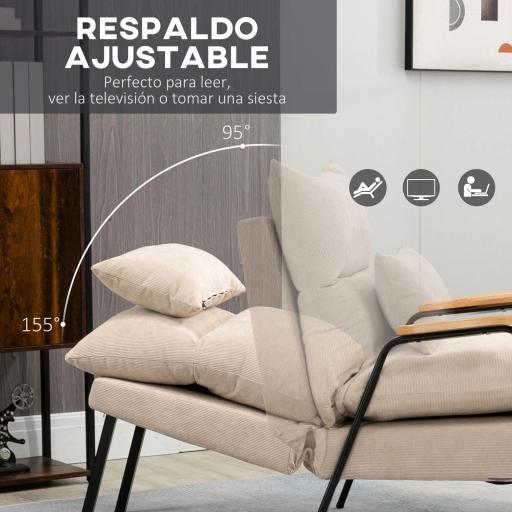 Sillón de Relax con Reposapiés Sillón Reclinable con Respaldo Ajustable Tapizado en Pana 68x91,5x88 cm Beige [2]