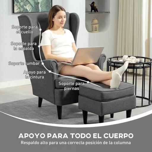 Sillón con Reposapiés Respaldo Alto Capitoné Patas de Madera Almohada Acolchada y Tapizado en Lino Gris [4]