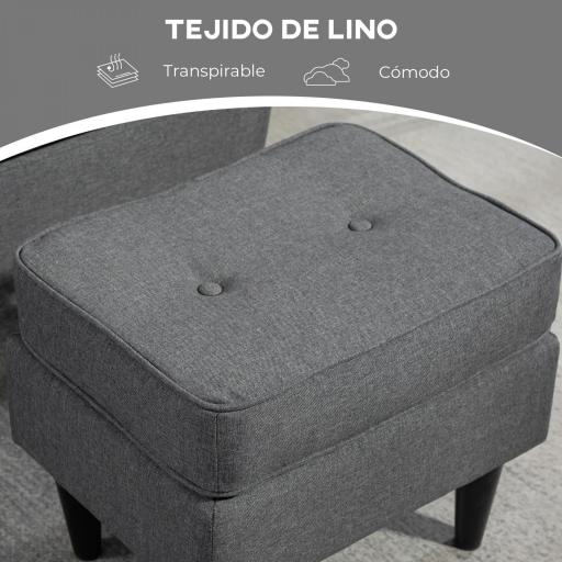 Sillón con Reposapiés Respaldo Alto Capitoné Patas de Madera Almohada Acolchada y Tapizado en Lino Gris [5]