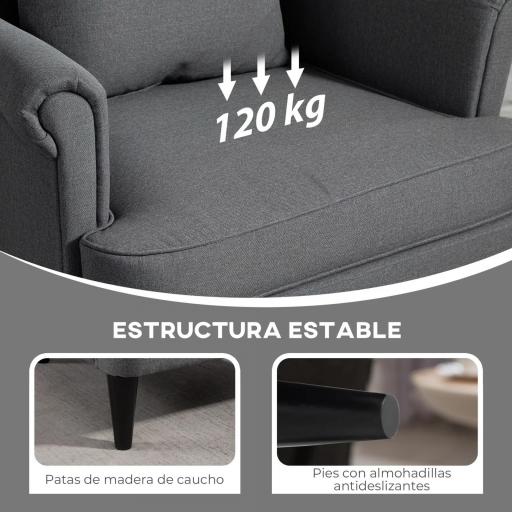Sillón con Reposapiés Respaldo Alto Capitoné Patas de Madera Almohada Acolchada y Tapizado en Lino Gris [3]