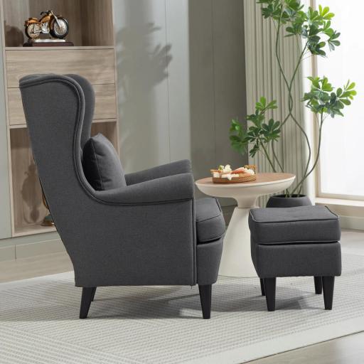 Sillón con Reposapiés Respaldo Alto Capitoné Patas de Madera Almohada Acolchada y Tapizado en Lino Gris [2]