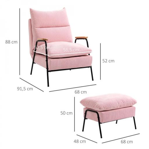 Sillón de Relax con Reposapiés Sillón Reclinable con Respaldo Ajustable Tapizado en Pana 68x91,5x88 cm Rosa [1]