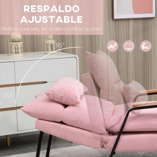 Sillón de Relax con Reposapiés Sillón Reclinable con Respaldo Ajustable Tapizado en Pana 68x91,5x88 cm Rosa [4]
