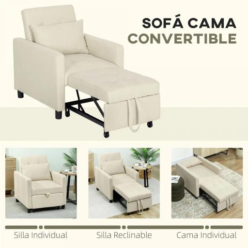 Sofá Cama de 1 Plaza Tapizado en Lino con Respaldo Ajustable de 3 Niveles y Almohada Acolchada 69x82,5x84 cm Beige [2]