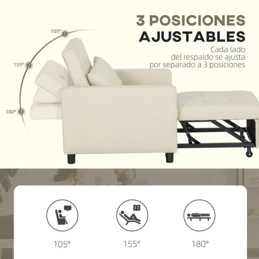 Sofá Cama de 1 Plaza Tapizado en Lino con Respaldo Ajustable de 3 Niveles y Almohada Acolchada 69x82,5x84 cm Beige [3]