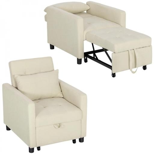 Sofá Cama de 1 Plaza Tapizado en Lino con Respaldo Ajustable de 3 Niveles y Almohada Acolchada 69x82,5x84 cm Beige [8]