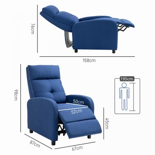 Sillón Reclinable Manual Sofá Individual con Reclinación hasta 155º Carga 150 kg Azul [1]