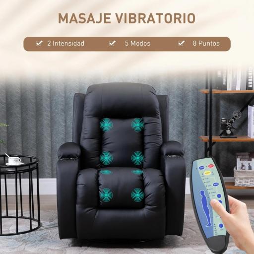 Sillón de Masaje Reclinable con 8 Puntos de Masaje Función de Calefacción Giratorio Mando a Distancia 85x94x104 cm Negro [4]