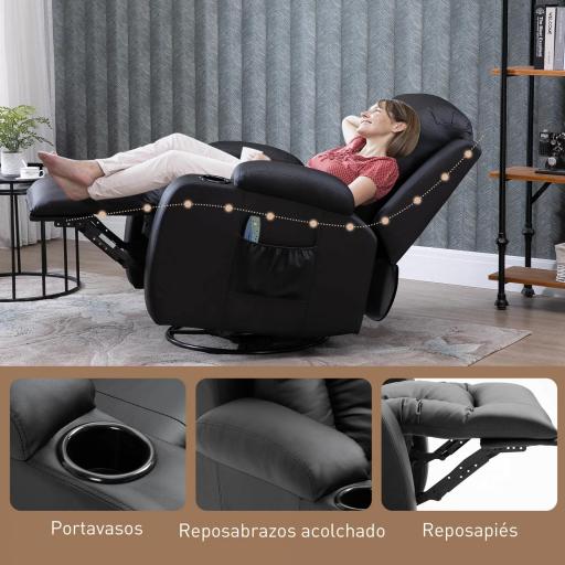 Sillón de Masaje Reclinable con 8 Puntos de Masaje Función de Calefacción Giratorio Mando a Distancia 85x94x104 cm Negro [3]