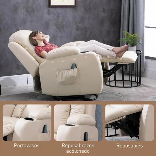 Sillón de Masaje Reclinable Sillón Relax con 8 Puntos de Masaje Vibrante Función de Calefacción 85x94x104 cm Crema [6]