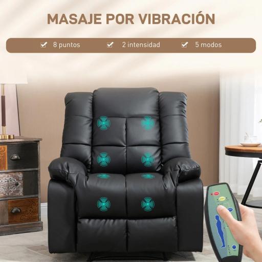 Sillón de Masaje Reclinable con 8 Puntos de Masaje Mando a Distancia Tapizado en PU Reposapiés Bolsillo Lateral Negro [2]