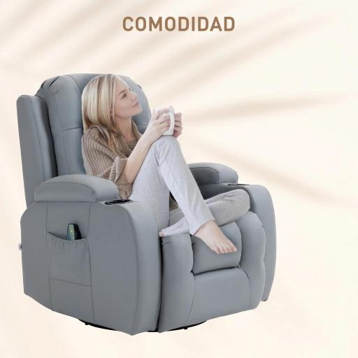 Sillón de Masaje Reclinable con 8 Puntos de Masaje Función de Calefacción Giratorio Mando a Distancia 85x94x104 cm Gris [5]
