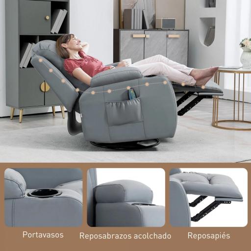 Sillón de Masaje Reclinable con 8 Puntos de Masaje Función de Calefacción Giratorio Mando a Distancia 85x94x104 cm Gris [6]