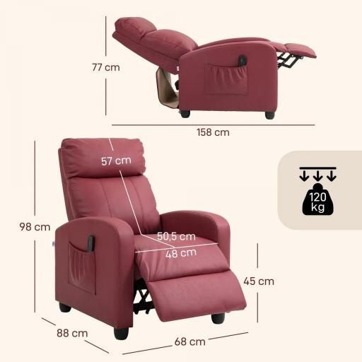 Sillón de Masaje Reclinable con Mando a Distancia Bolsillo Lateral y Temporizador Tapizado en PU 68x88x98cm Rojo Burdeos [3]