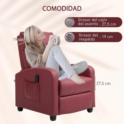 Sillón de Masaje Reclinable con Mando a Distancia Bolsillo Lateral y Temporizador Tapizado en PU 68x88x98cm Rojo Burdeos [6]