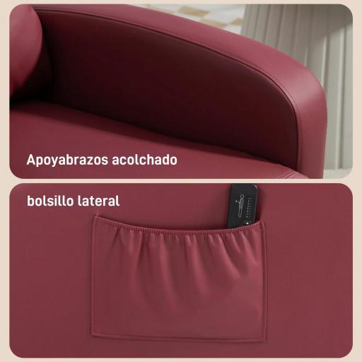 Sillón de Masaje Reclinable con Mando a Distancia Bolsillo Lateral y Temporizador Tapizado en PU 68x88x98cm Rojo Burdeos [1]
