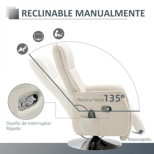 Sillón de Masaje Eléctrico con Reposapiés Sillón Relax Giratorio y Reclinable con Mando 68,5x77x117 cm Crema [1]