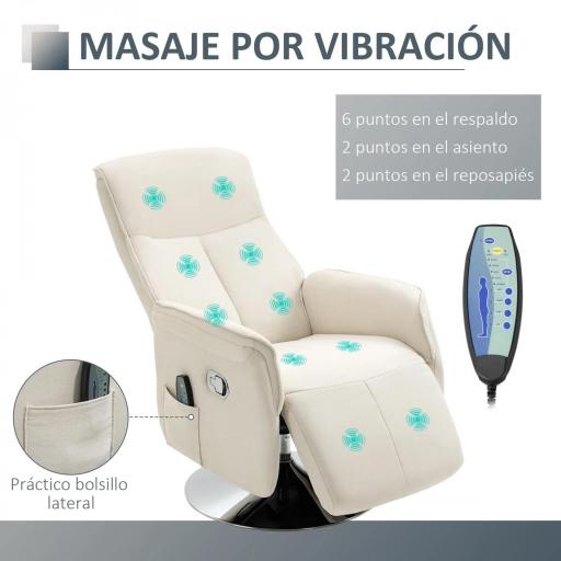 Sillón de Masaje Eléctrico con Reposapiés Sillón Relax Giratorio y Reclinable con Mando 68,5x77x117 cm Crema [3]